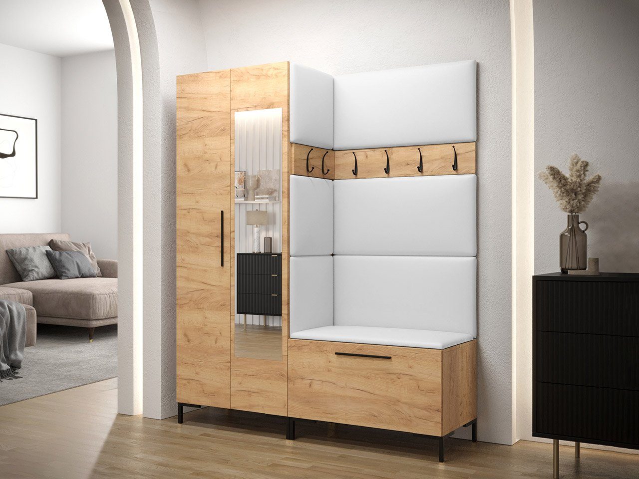 Boorbin Garderobenset Mit Spiegel - 110cm Kleiderschrank Mit LED Beleuchtung